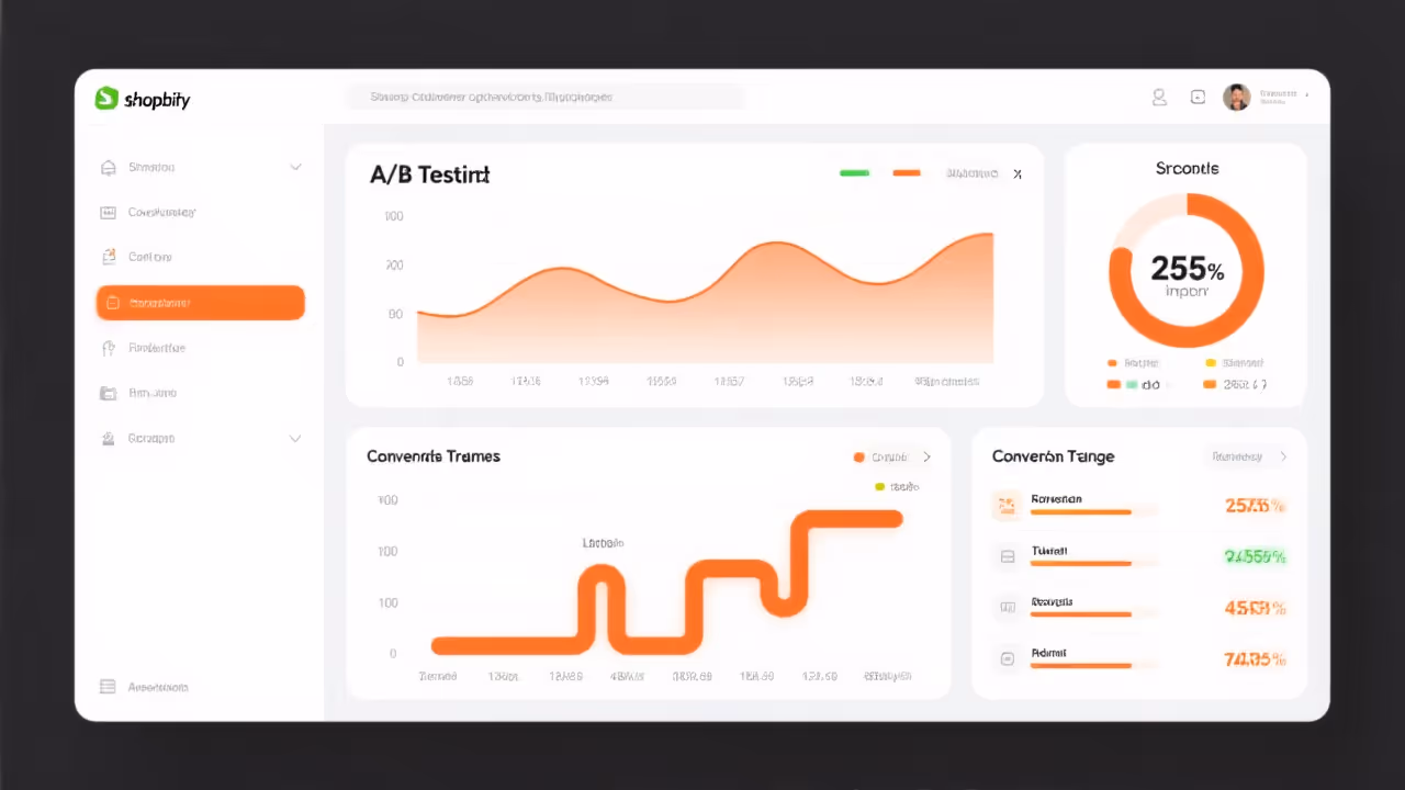 Shopify conversion optimization dashboard showing A/B testing results and revenue metrics