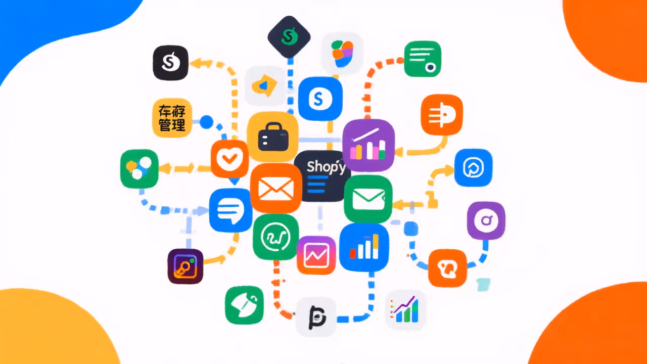 Shopify app ecosystem illustration with multiple integrations and workflow automations
