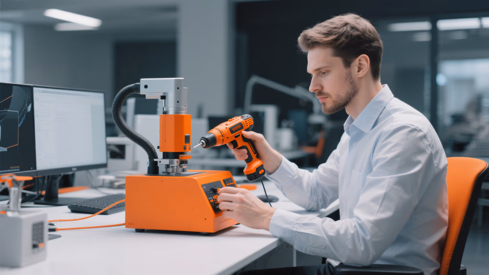 Homme en gilet orange et noir portant un casque blanc tenant un outil électrique jaune et noir